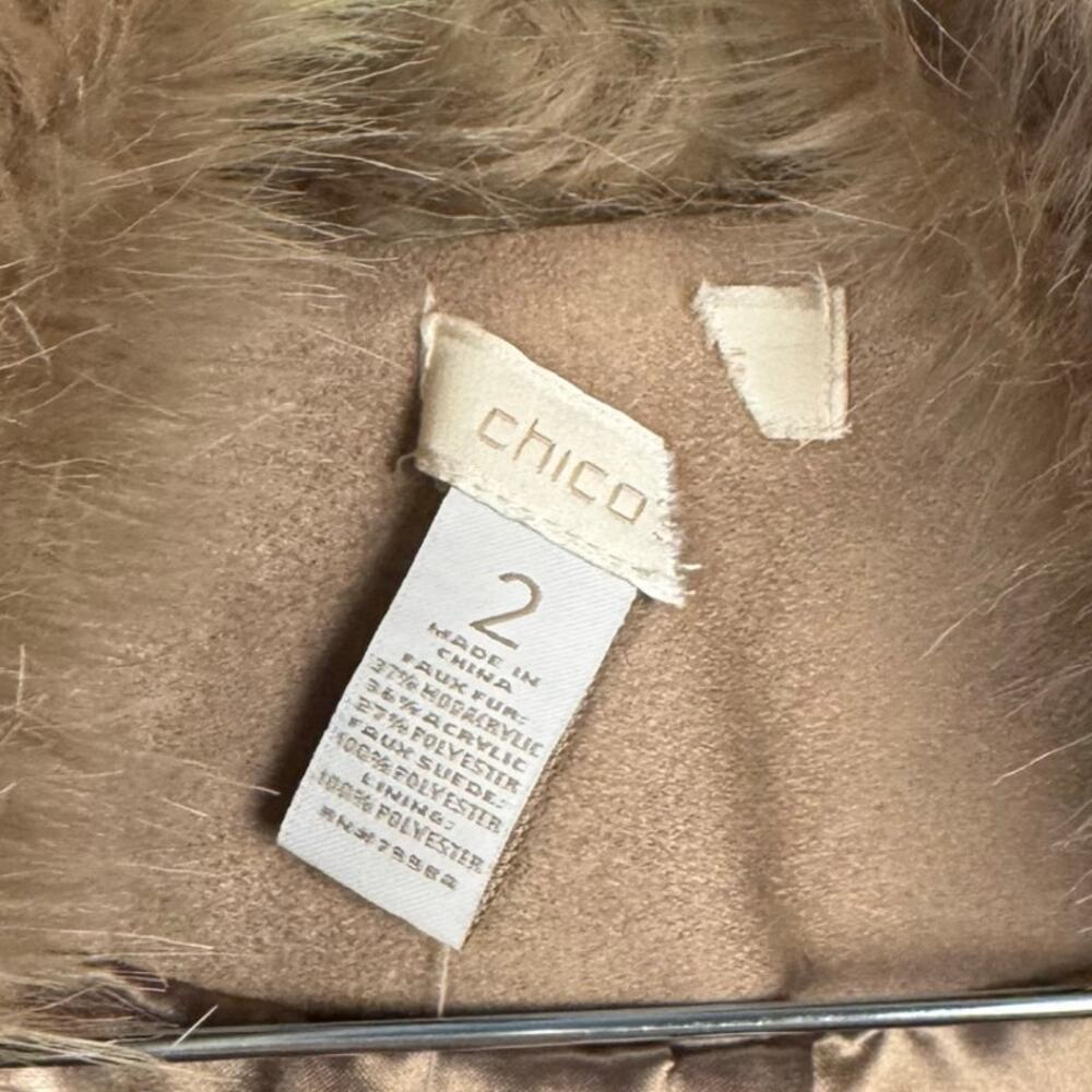 New Chico's Tan Faux Fur Suede 3/4 Sleeve Cropped Coat Sz Large Party Holiday - Picture 4 of 8
